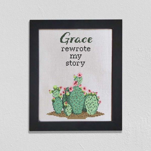 Framed Grace rewrote my story prickly pear cactus cross stitch design.